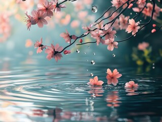 Pink Cherry Blossoms Falling on Rippling Water Surface