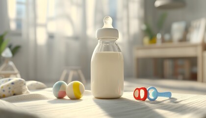Baby bottle of milk on a room's surface.
