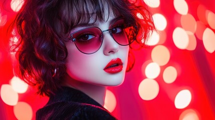 Fototapeta premium Stylish woman red light bokeh background portrait