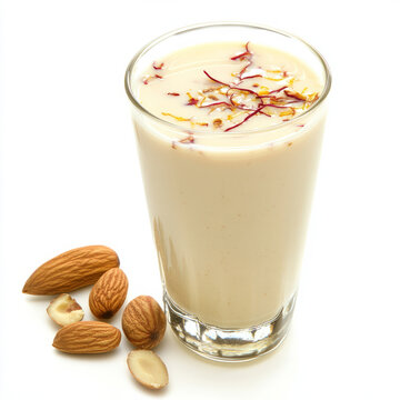 A glass of badam milk, with a creamy blend of almonds, milk, and spices, garnished with saffron