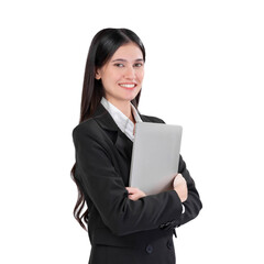 Confident young Asian businesswoman in black suit smiling and holding laptop in arms, standing isolated on a transparent background, professional female office worker, modern technology career success