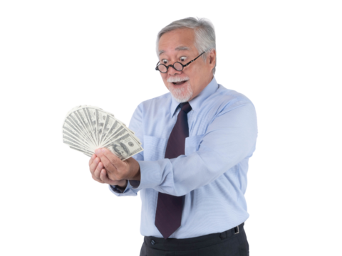 Happy senior Asian businessman holding a fan of US dollar banknotes with excited facial expression, isolated on a transparent background, financial success, wealth and money concept