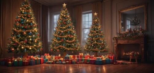 Fototapeta premium Ornate Christmas tree, vibrant lights, colorful gift piles , garland, presents, holiday cheer