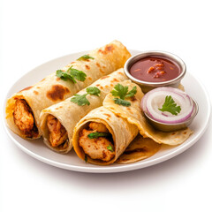 A plate of chicken 65 roll, with chicken 65 pieces wrapped in a flaky paratha, with onions and