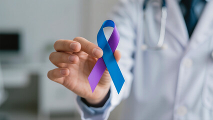 Hand Holding Blue and Purple Awareness Ribbon