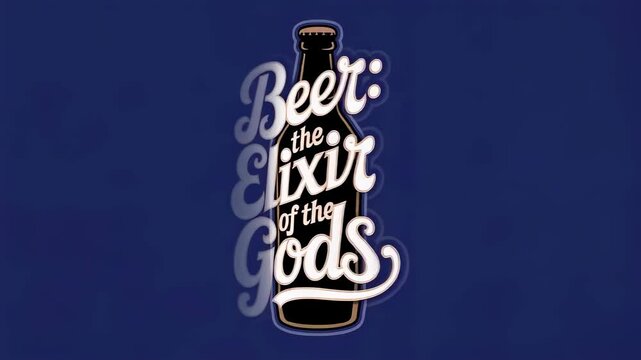 Bottle of beer with beer the elixir of the gods text on blue background. Decorative calligraphic font. Vintage lettering for bar, pub and brew packaging design.