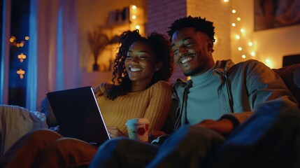 A smiling young mixed couple sitting in their living room, watching an online movie on their laptop and enjoying a relaxing evening