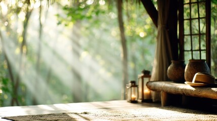Fototapeta premium Serene Sunlit Porch Tranquil Forest View with Rustic Decor