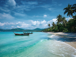 A stunning tropical beach in Phuket, Thailand, with soft white sand, clear turquoise water.Ai image generated;