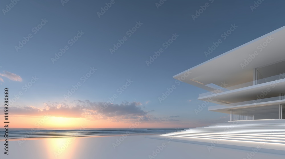 Poster 3d rendered modern architecture building with expansive seaside windows, minimalist design concept f