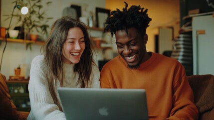 A smiling young mixed couple sitting in their living room, working together on their laptop to organize an event and coordinate details