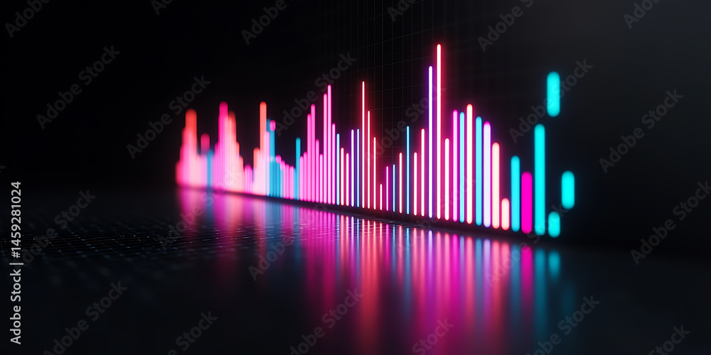 Poster dynamic data visualization with vibrant neon bars reflecting on a dark surface, showcasing trends an