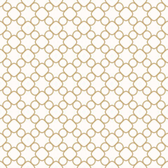 Abstract ornamental grid seamless pattern. Vector geometric texture with rounded shapes, circles, curved lines, mesh, lattice. Simple golden ornament. Gold and white background. Repeatable design