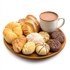 A close-up of a delicious pan dulce, a variety of Mexican sweet breads, with different shapes, sizes
