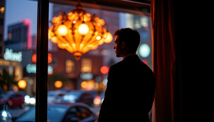 Obraz premium businessman silhouette against bokeh lit window, cinematic contrast