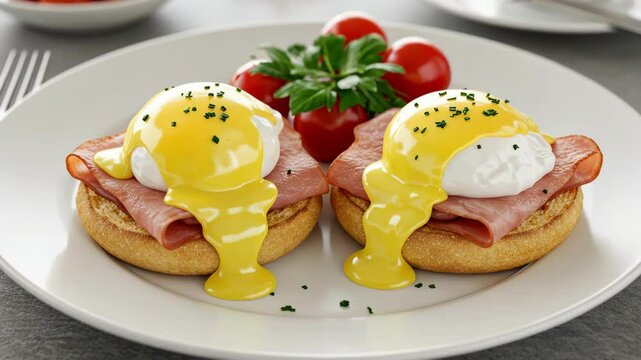 Eggs benedict on plate, hollandaise sauce, delicious