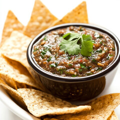 A close-up of a smoky and spicy salsa macha, made with dried chilies, nuts, and seeds, blended in