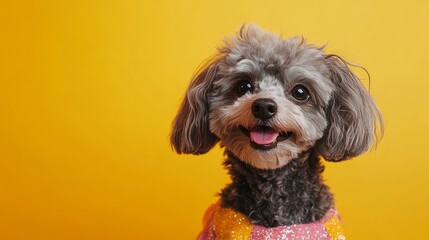Happy poodle dog in glitter costume on yellow background, cheerful expression and stylish personality