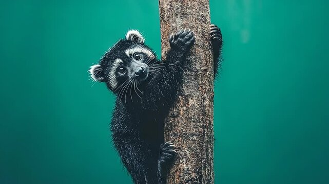 A curious young mammal clings to a tree trunk against a vibrant teal backdrop. Its dark fur contrasts beautifully with its white markings, and its inquisitive gaze is captivating