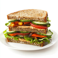 A close-up of a vegetable and hummus sandwich, with whole-wheat bread layered with hummus, roasted