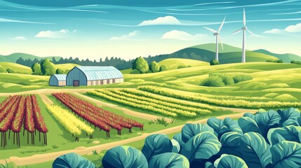 Illustration of a summer countryside farm field with barn and wind turbine representing sustainable agriculture and renewable energy concept