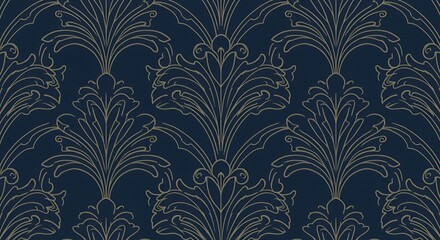 Elegant Damask Wallpaper Design: Navy Blue and Gold Pattern