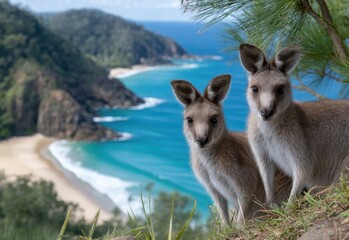Fototapeta premium Midjourney Bot APP — 10:47 Kangaroos on the grassy bank of Minnamurra Beach, tamed by a wild kangaroo group in front of the beach with a beautiful blue ocean and white sandy beaches