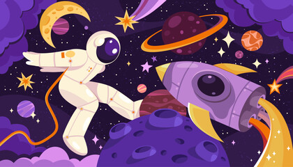 Spaceman walk in outer space with airship. Vector.