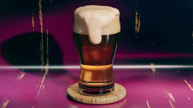 Pint glass of ale with overflowing foam. Golden beer drink on wooden coaster. Perfect for celebration, pub, or advertising beverage product. Pink background.