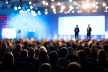 Engaged audience at professional business conference with speakers on stage, corporate event presentation in modern venue under bright lighting, academic corporate event atmosphere.