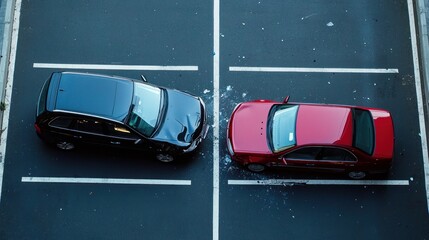 A two-car accident in a parking lot, with one car slightly dented and the drivers exchanging insurance details while waiting for authorities