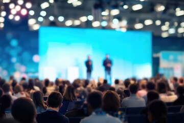 Focused audience at professional conference with blurred speakers on brightly lit stage, academic corporate event atmosphere.