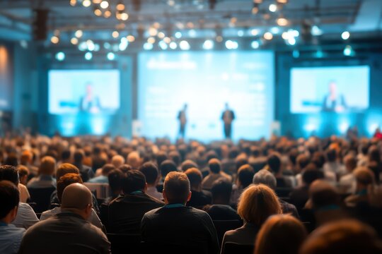Focused audience at professional conference with blurred speakers on brightly lit stage, academic corporate event atmosphere.