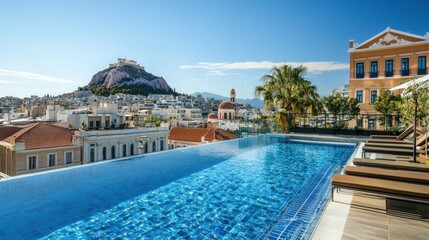 Athens view from rooftop pool on sunny day with Acropolis in the background