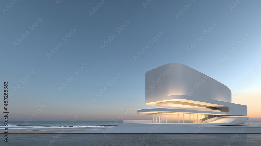 Aufkleber 3D rendered modern architecture building with expansive seaside windows, minimalist design concept for banners or presentations. Sleek geometric structure with glass facade reflecting ocean views, cle