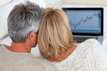 Mature couple analyzing stock market trends on laptop