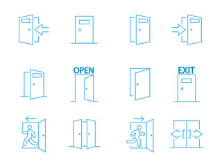 Collection of vector line icons related to open door. Contains monochrome icons such as door, exit, entrance. vector illustration