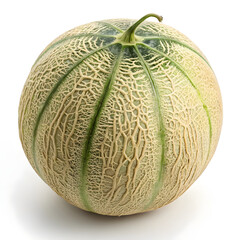 A whole realistic cantaloupe melon with rough, netted skin, orange flesh peeking through the textured outer layer.