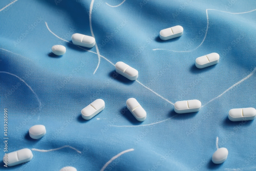Poster soft minimalist still life of white pills scattered on blue fabric with delicate lines and curves in