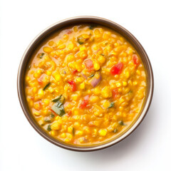 A bowl of yellow dal, with yellow lentils cooked in a flavorful tomato and onion sauce, isolated on