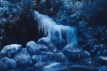 Frozen waterfall cascading over icy rocks in a dark, wintry forest.