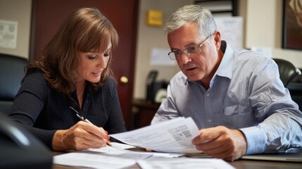 An insurance company agent reviewing paperwork with a new client, offering advice on health insurance policies and explaining various coverage options