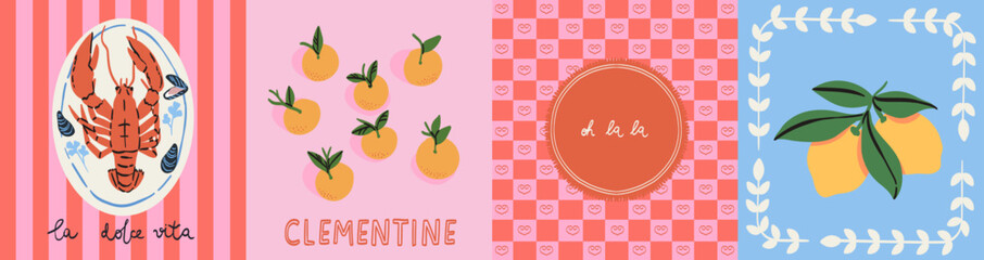 Naklejka premium Summer in Amalfi or Sicily Italy. Vector illustration of postage stamps with image of tangerines, lemons, lobster for cafe or restaurant wall art, poster, placard print. Mediterranean vacation element