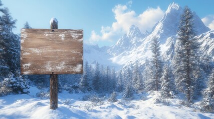 Fototapeta premium Blank Wooden Signpost in a Snowy Mountain Winter Landscape