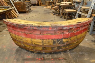 Fototapeta premium Old wooden boat with colorful paint, partially constructed in a workshop.