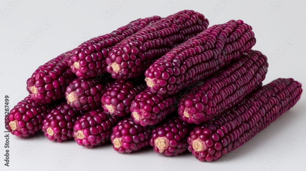 Poster A stack of deep purple corn cobs reveals intricate textures and kernels, isolated on a plain background with ample copy space for creative uses in food marketing