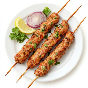 A plate of chicken seekh kebab, with minced chicken marinated in spices and grilled on skewers,
