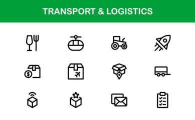 Transport Logistics Delivery and Cargo Icon Collection. Modern Shipping, Freight, Supply Chain, and Distribution Vector Illustrations
