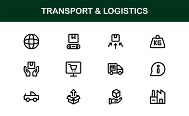 Transport Logistics Delivery and Cargo Icon Collection. Modern Shipping, Freight, Supply Chain, and Distribution Vector Illustrations