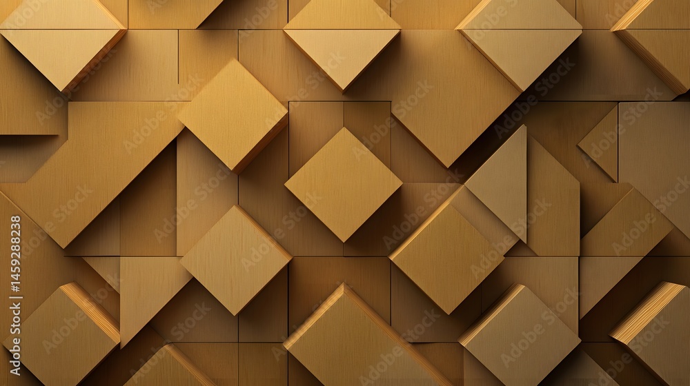 Poster isometric abstract design with 3d golden pyramids in modern art